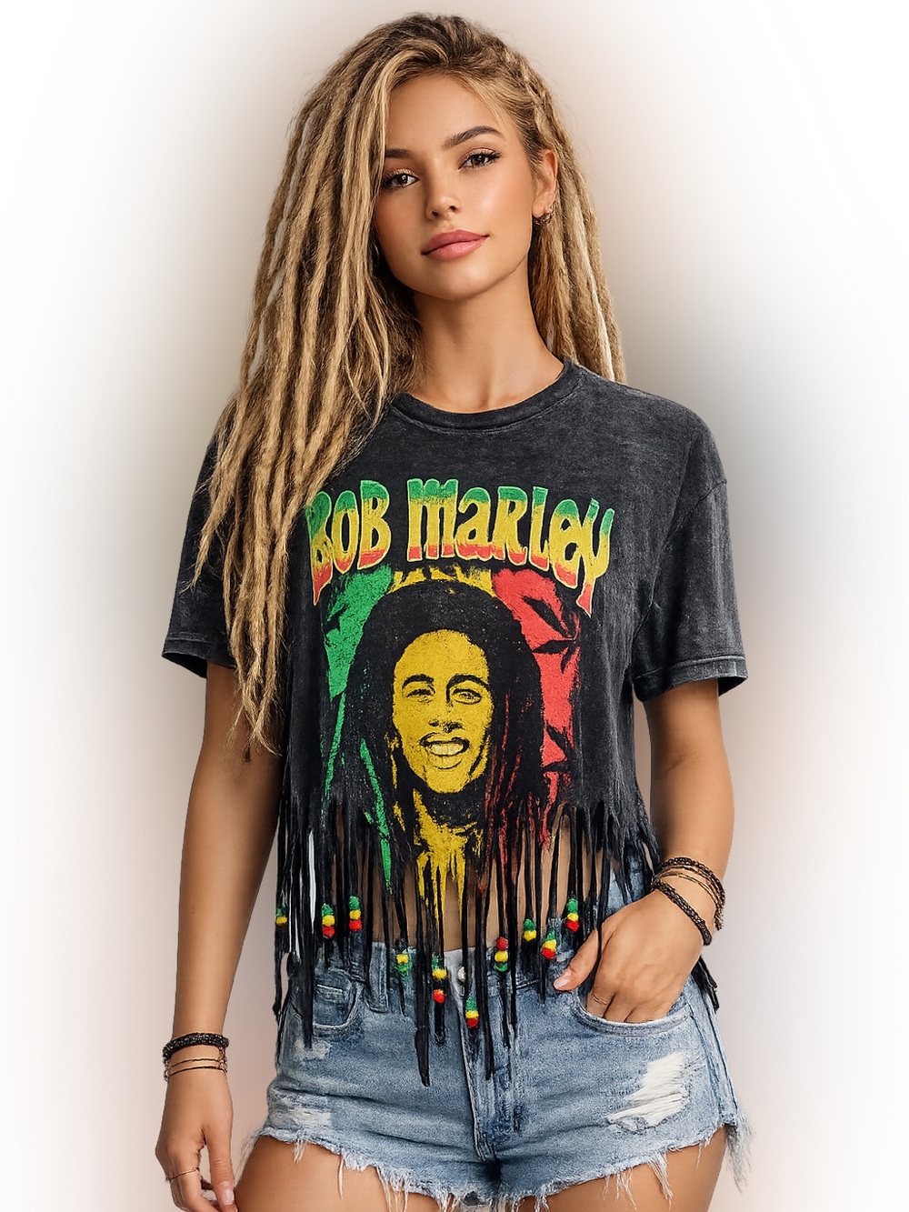 Bob Marley Black Fringe Graphic Tee with beads size M - Picture 2 of 6